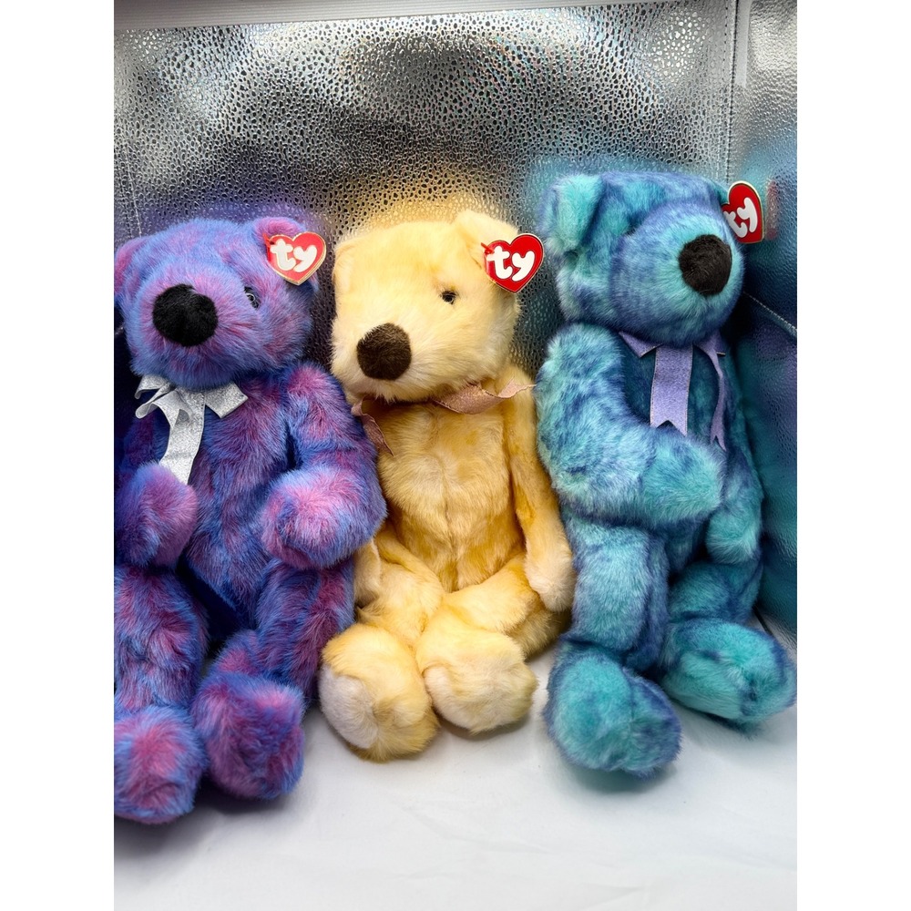 Ty Beanies Lot Of 3 Collectible Plush Bears‎ Purple Yellow Blue Ribbon Bow New